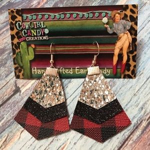 Buffalo Plaid Silver Black Glitter Leather Earring